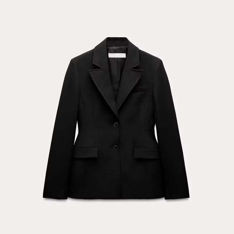 Elegant Women's Slim Blazer with Shoulder Pads in Cotton-Polyester Blend for Spring 2025 Office Wear.
