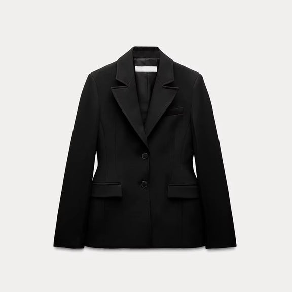 Elegant Women's Slim Blazer with Shoulder Pads in Cotton-Polyester Blend for Spring 2025 Office Wear.
