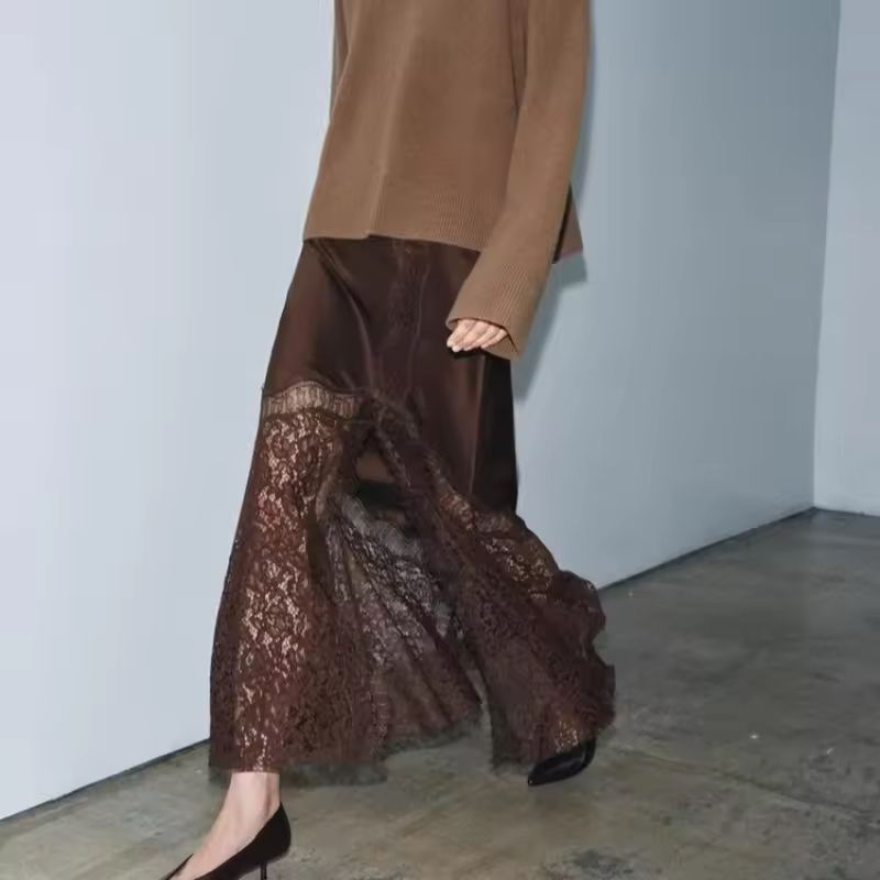 designer elegant satin lace maxi skirt chocolate brown women