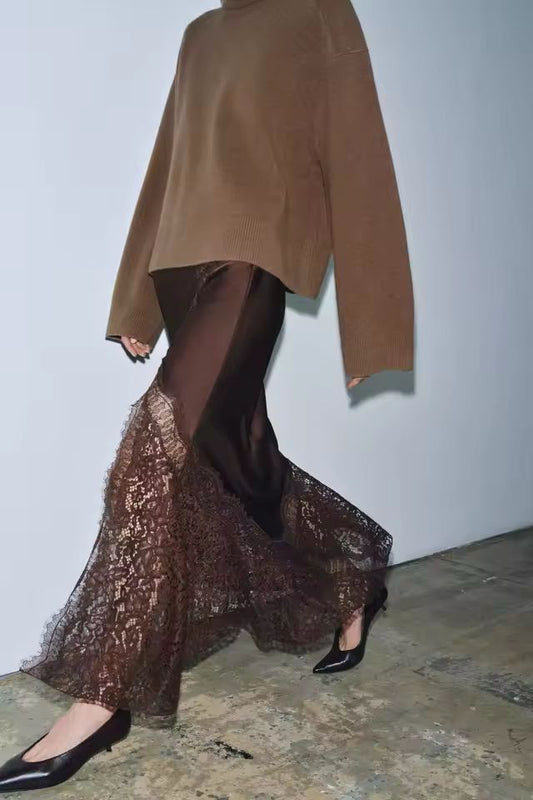 elegant satin lace maxi skirt chocolate brown women