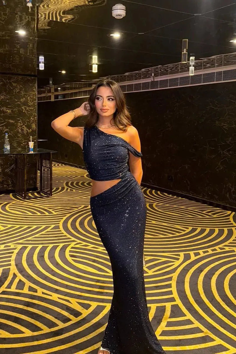 Full-length view of the Elena Dress in midnight navy, body-hugging fit and floor-length silhouette.