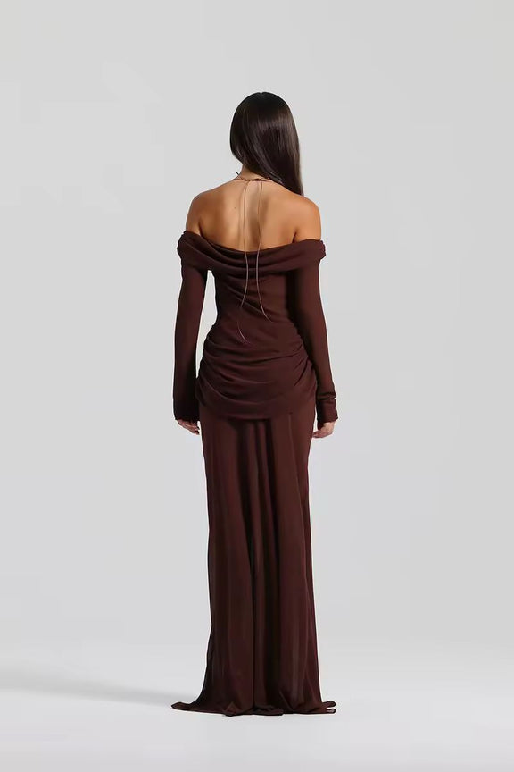 Brown off-shoulder dress with soft washed finish