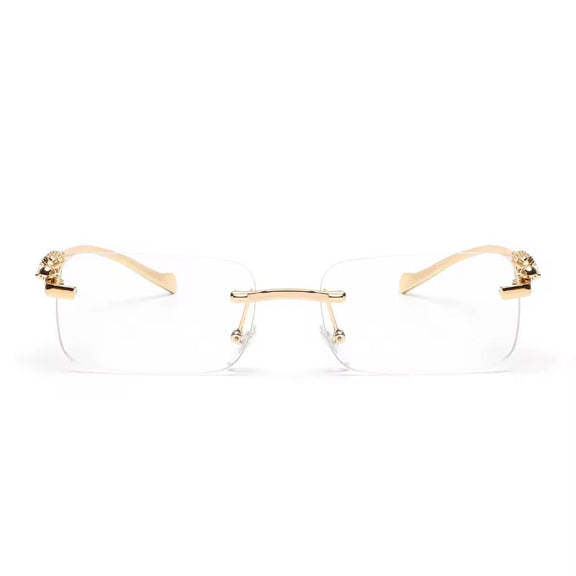 Clear rimless fashion sunglasses with gold metal panther arms and rectangular lenses
