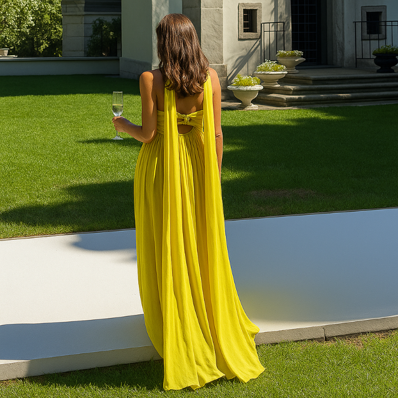 Back view of flowing yellow summer dress – floor-length strapless gown ideal for elegant summer events
