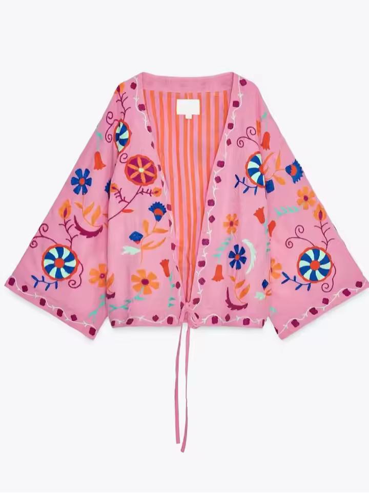 Fleur de Bohème boho kimono jacket for women with floral embroidery, lightweight summer cardigan, beach cover-up, festival hippie outfit
