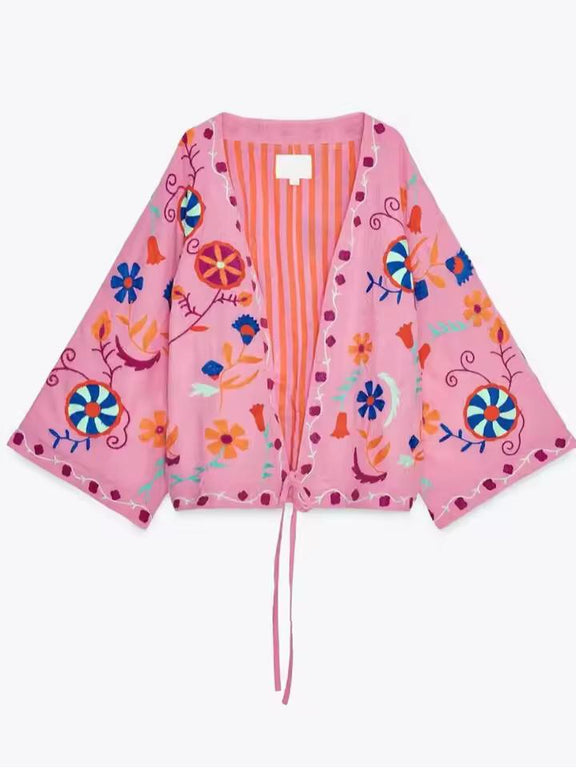 Fleur de Bohème boho kimono jacket for women with floral embroidery, lightweight summer cardigan, beach cover-up, festival hippie outfit
