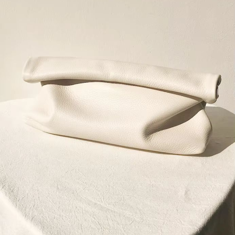 soft white foldover bag 31.5 cm wide, minimalist leather purse with phone pocket
