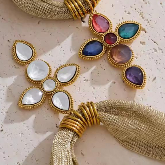Gioia di Colori luxury cross necklaces – gold stainless steel mesh chains with faceted glass pendants – vibrant multicolor gemstone cross and elegant white crystal cross – timeless religious jewelry for women, statement and bridal styles