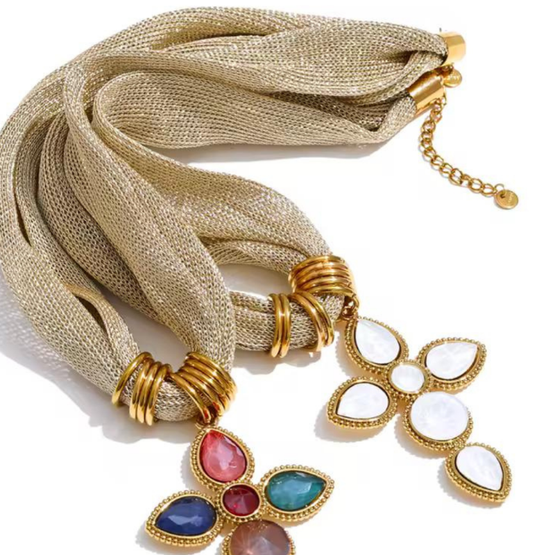 Gioia di Colori multicolor gemstone cross necklace with gold-plated stainless steel mesh chain – vibrant faceted glass pendant in ruby red, sapphire blue, emerald green, amethyst purple, champagne blush – luxury religious statement jewelry for women
