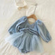 Elegant blue girls’ dress with long sleeves, elastic waist, ruffled skirt, and soft polyester fabric – perfect for comfort and style.