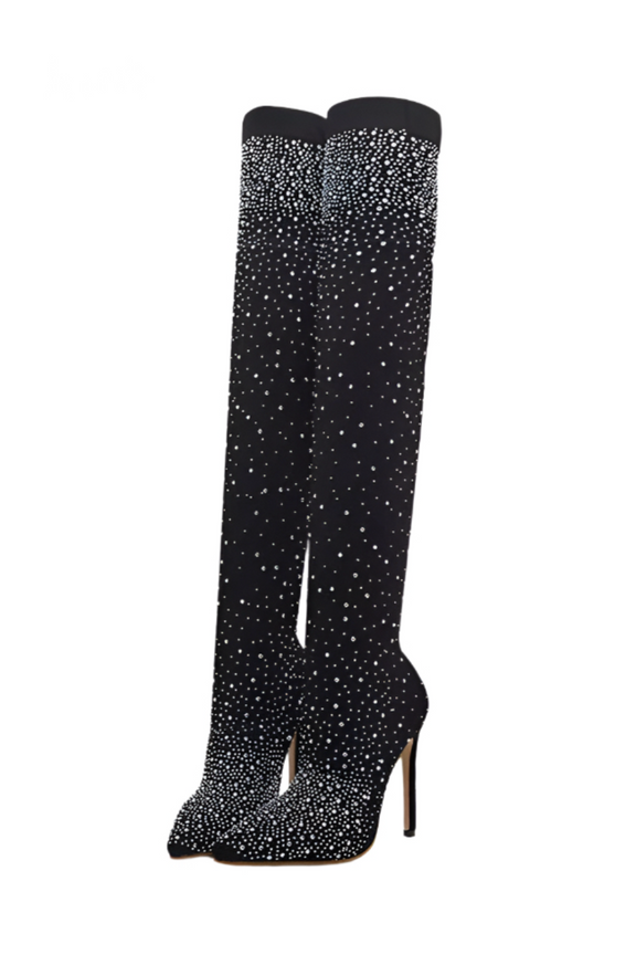 Glamour Goddess Over-The-Knee Boots in classic black with sparkling crystal rhinestones.