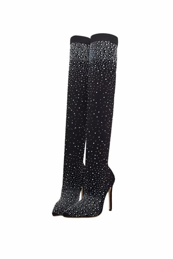 Glamour Goddess Over-The-Knee Boots in classic black with sparkling crystal rhinestones.