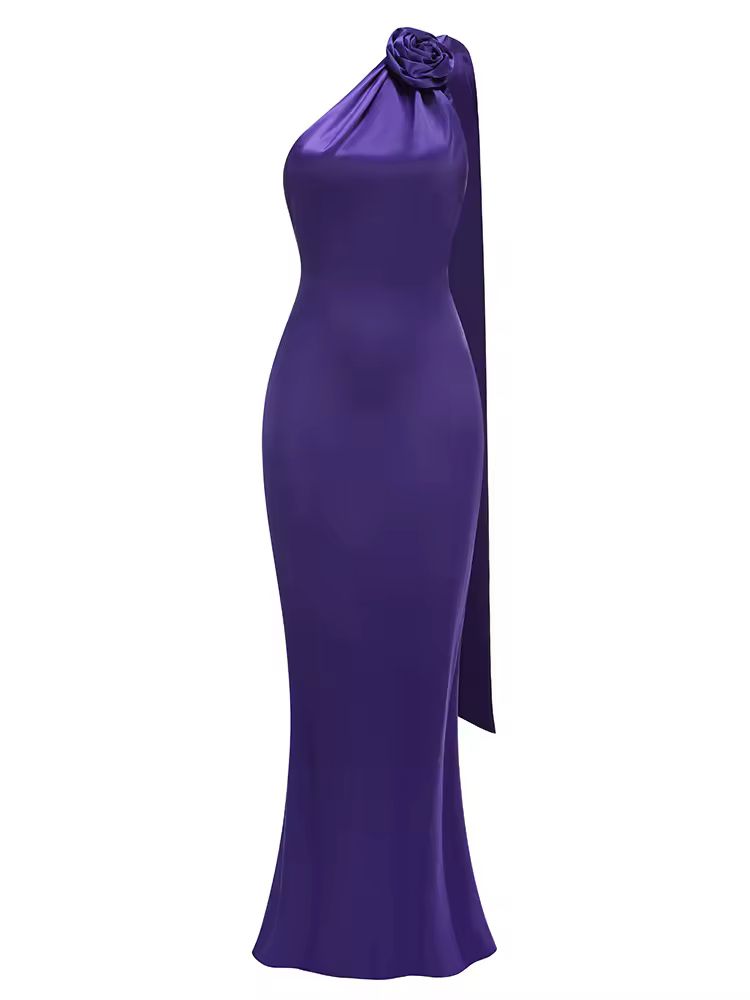 Purple satin evening gown with floral shoulder detail, sleeveless and floor-length – Glamour Mia
