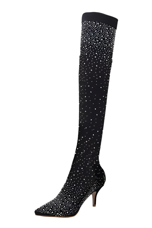 Glamour Goddess Over-The-Knee Boots in classic black with sparkling crystal rhinestones.