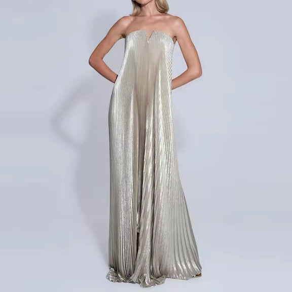Back of strapless pleated formal dress with zip closure – metallic gold fabric, long and flattering cut.”