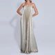 Back of strapless pleated formal dress with zip closure – metallic gold fabric, long and flattering cut.”