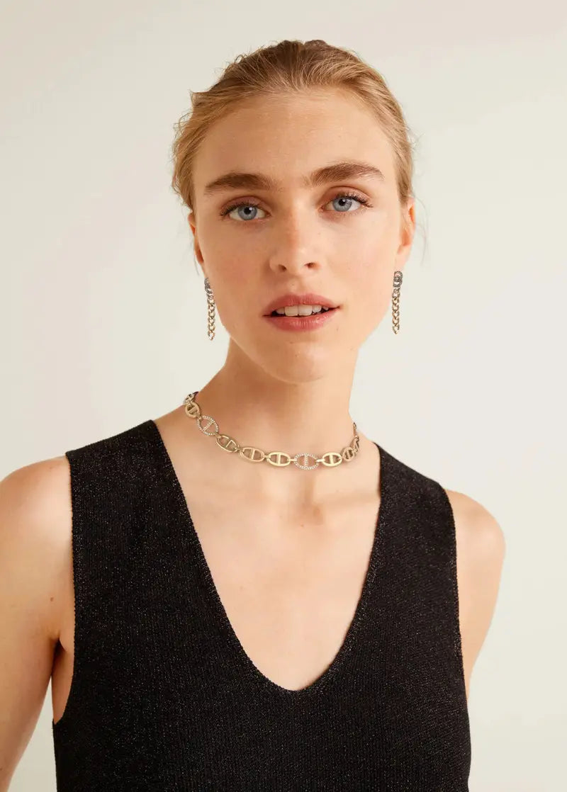 New York luxurious 14K gold plated stainless steel necklace with zircon stones, elegant design, oval links, and extension, perfect for special occasions and everyday wear.