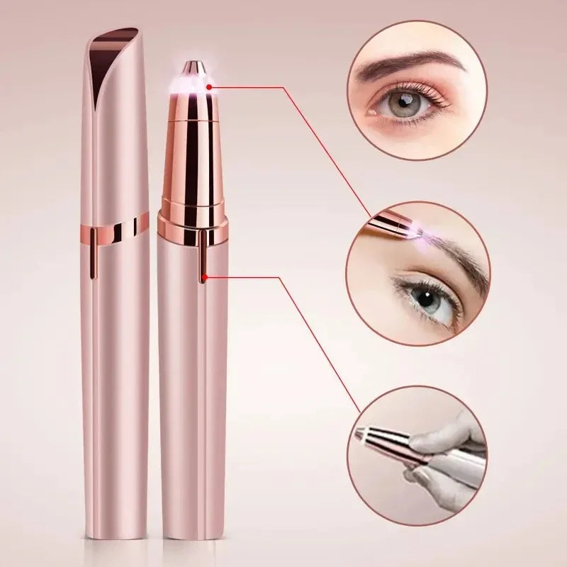 Electric eyebrow trimmer with 18K gold plated head, hypoallergenic design, built-in LED light, and portable for easy hair removal anywhere.