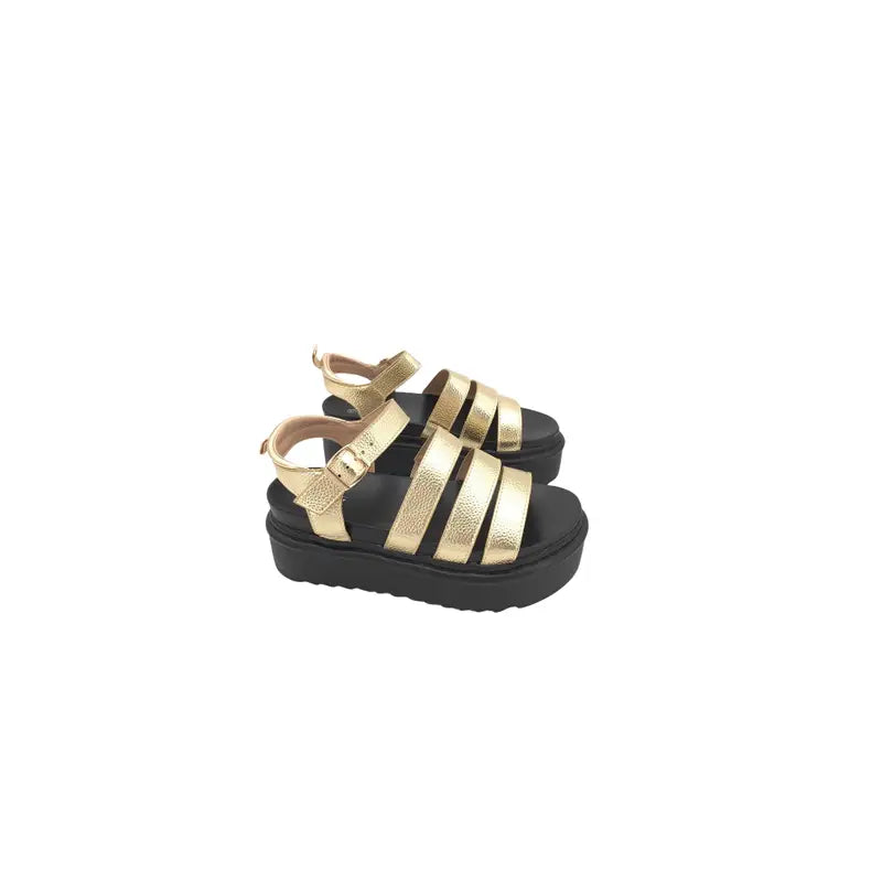 Stylish silver and gold platform sandals with adjustable ankle strap and black sole – perfect summer footwear. Mykonos Sandals