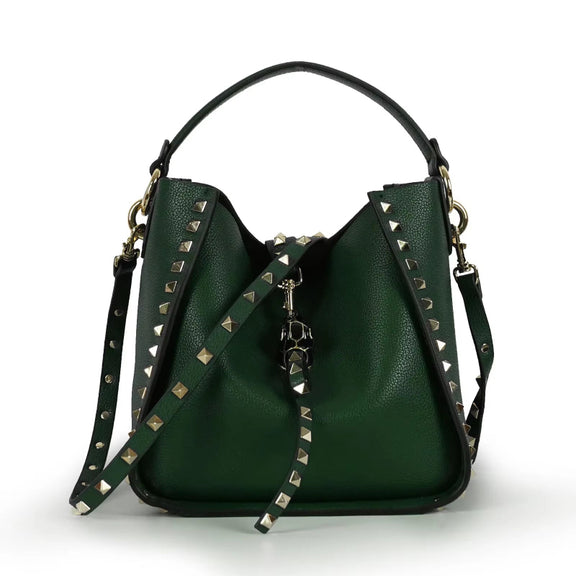 Chic crossbody bag for women featuring genuine leather and edgy studs. Green Fashion