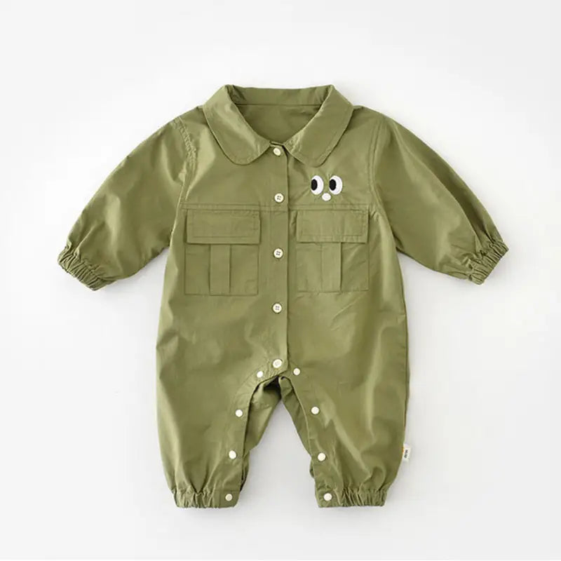 Chic Charm green baby overall with pockets and eye details – soft 100% cotton, hooded, snap button closure, perfect for babies and toddlers.”