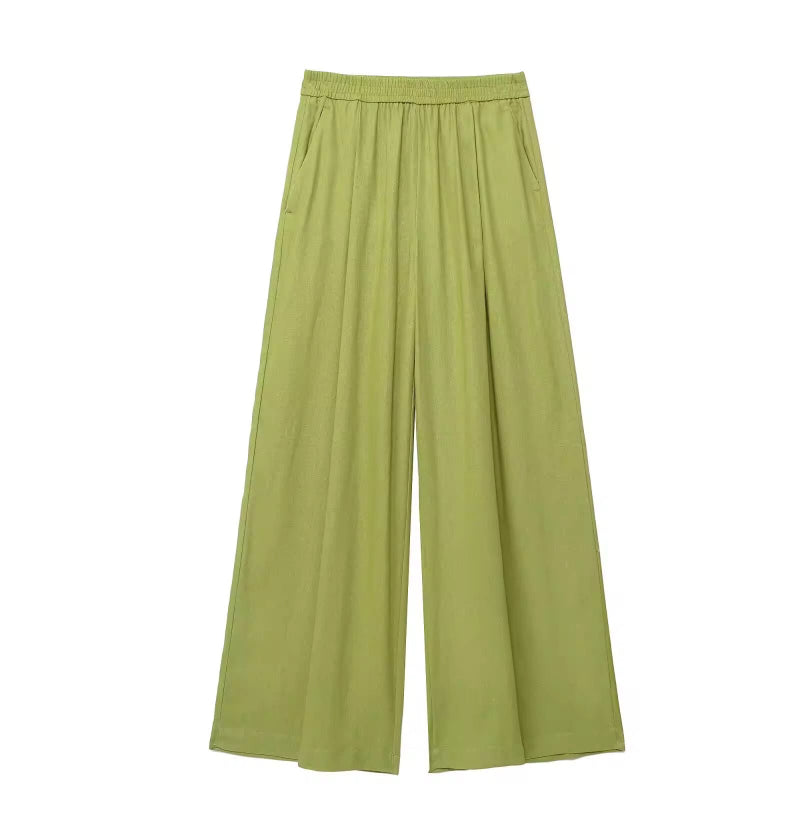 High-waisted wide-leg trousers for women in green – pleated front with elastic waistband and side pockets, breathable polyester.