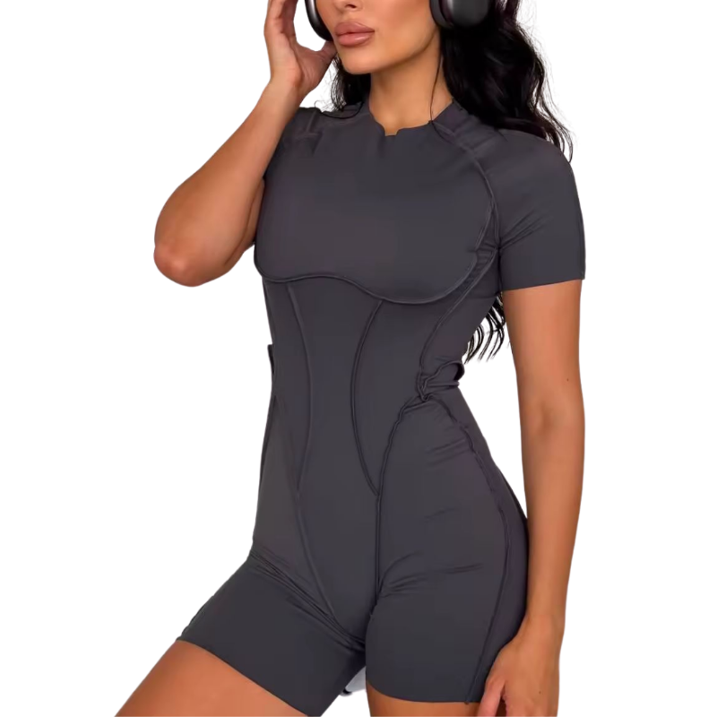 POWERFORM grey sculpting yoga jumpsuit for women – zipper front, open back, compression fit, short sleeve activewear
