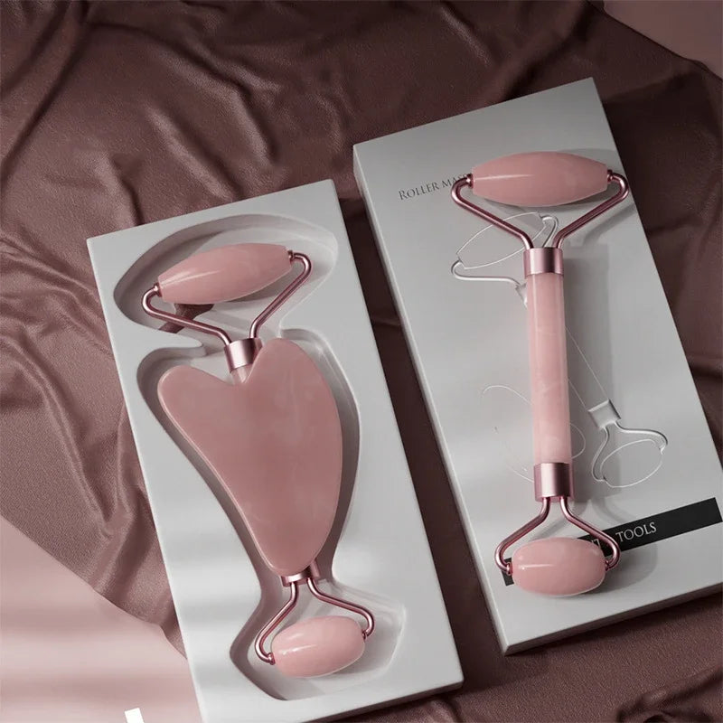 Gua Sha Face Massager and Face Roller set in premium resin for facial lifting and relaxation.