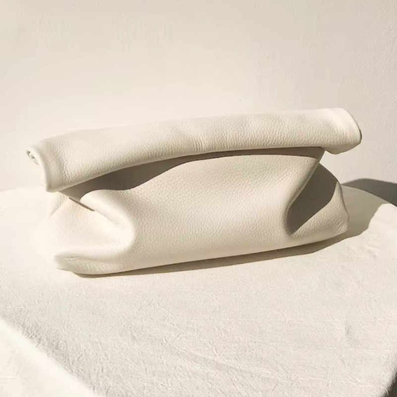 White leather handbag for women, folded clutch design, real leather with cotton lining
