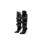 High boots with unique ruffled design in faux leather featuring silver studs for a bold fashion statement.
