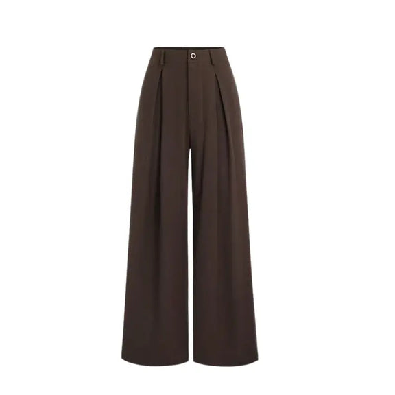 High-waisted trousers in brown styled with a belt and chic top, perfect for casual or formal occasions.