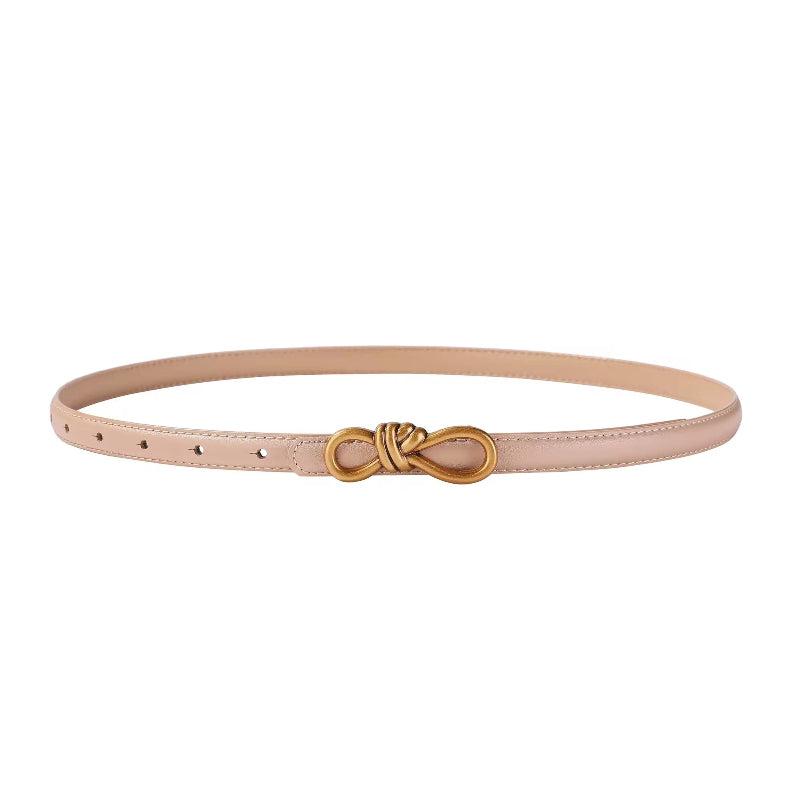 Rosé pink leather belt, slim women’s belt with gold knot buckle, stylish and feminine, real leather