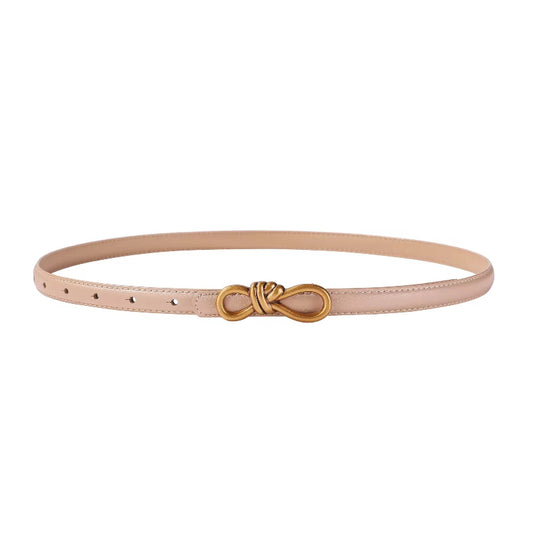 Rosé pink leather belt, slim women’s belt with gold knot buckle, stylish and feminine, real leather