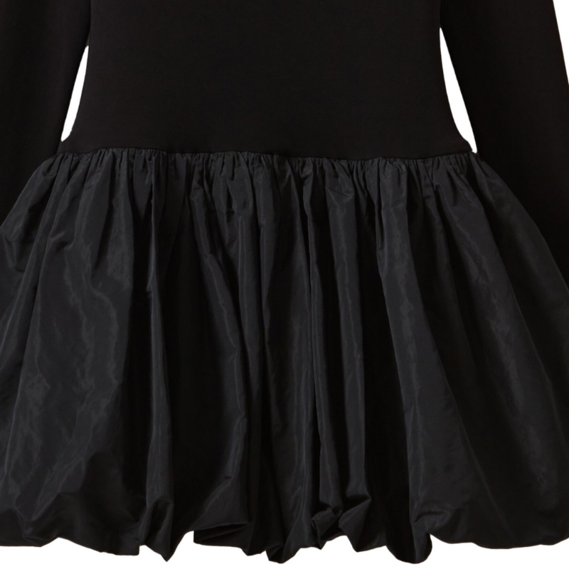 Elegant long sleeve black dress for women with voluminous balloon skirt, sculptural silhouette, and fitted top – minimalist couture-inspired eveningwear made in Italy.