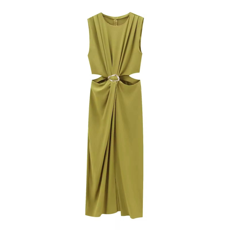 Kaïa Sculpt Midi in olive – elegant sleeveless belted dress with stretch and waist cut-outs.
