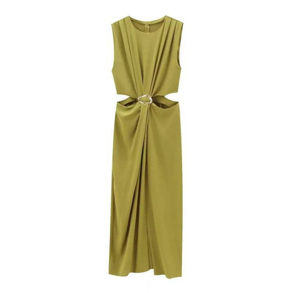 Kaïa Sculpt Midi in olive – elegant sleeveless belted dress with stretch and waist cut-outs.
