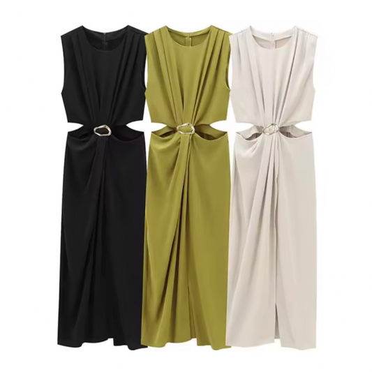 Kaïa Sculpt Midi in black – sleeveless cut-out midi dress with gold buckle and draped waist detail.
