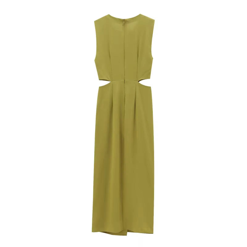 Kaïa Sculpt Midi in olive – elegant sleeveless belted dress with stretch and waist cut-outs.
