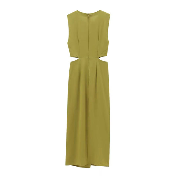 Kaïa Sculpt Midi in olive – elegant sleeveless belted dress with stretch and waist cut-outs.
