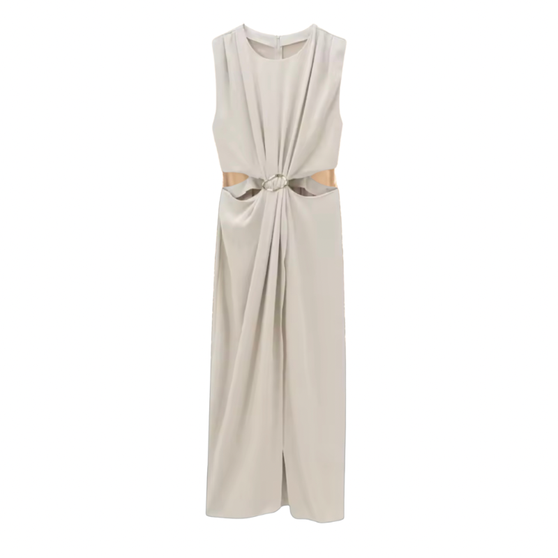 Kaïa Sculpt Midi in ivory – sculpted midi dress with round neck, buckle waist, and side cut-outs