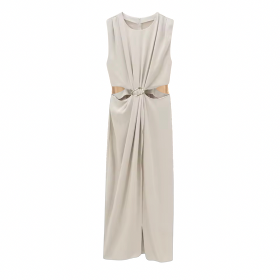 Kaïa Sculpt Midi in ivory – sculpted midi dress with round neck, buckle waist, and side cut-outs