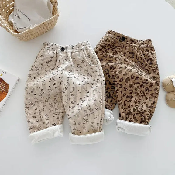 Leopard Print Baby & Kids Pants in Beige and Brown with Elastic Waistband and Comfortable Fit. Chic Charm Kids Fashion