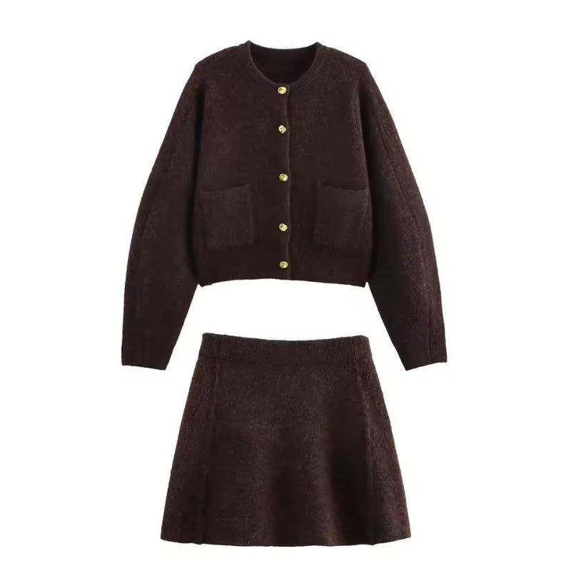Women’s knitted co-ord 2025 – brown cardigan with gold buttons and above-the-knee skirt, made of 96% polyester, modern O-neckline