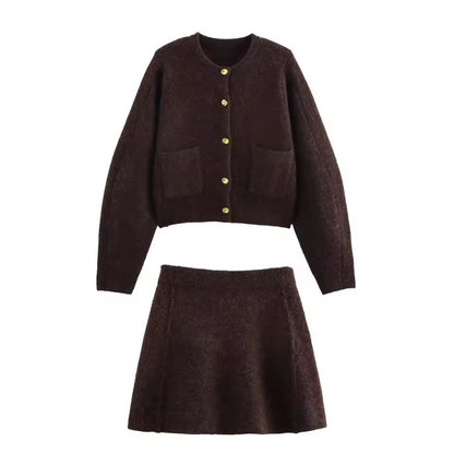 Women’s knitted co-ord 2025 – brown cardigan with gold buttons and above-the-knee skirt, made of 96% polyester, modern O-neckline