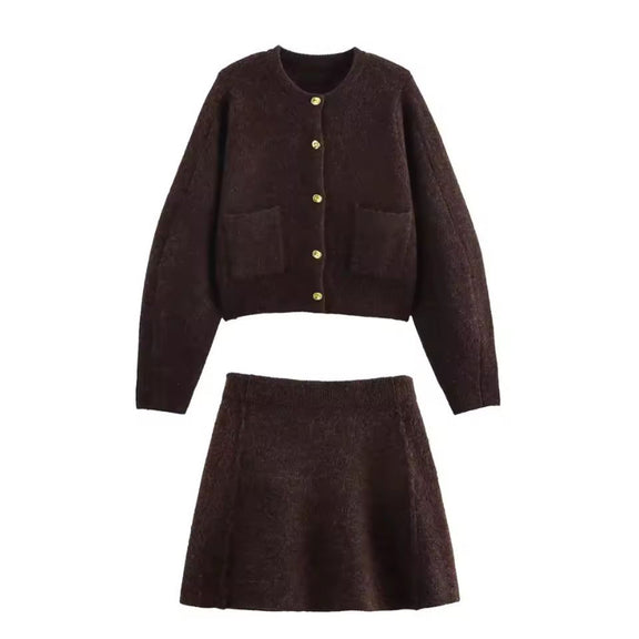 Women’s knitted co-ord 2025 – brown cardigan with gold buttons and above-the-knee skirt, made of 96% polyester, modern O-neckline