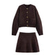 Women’s knitted co-ord 2025 – brown cardigan with gold buttons and above-the-knee skirt, made of 96% polyester, modern O-neckline