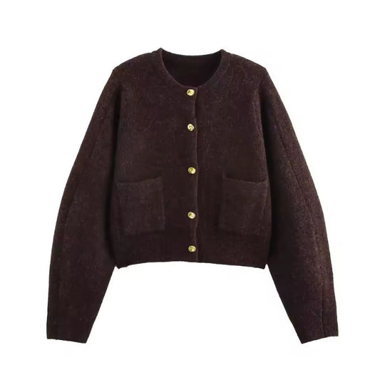 Women’s knitted co-ord 2025 – brown cardigan with gold buttons and above-the-knee skirt, made of 96% polyester, modern O-neckline