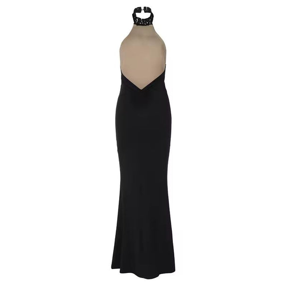 La Diva elegant long lace halter dress for women black evening gown with open back slim fit and timeless glamour style