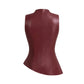 Elegant Lava faux leather top with asymmetrical cut and high collar in Burgundy, sleeveless design perfect for special occasions, evening wear, or stylish daily outfits. Comfortable, luxurious, and modern fashion piece available in various sizes.