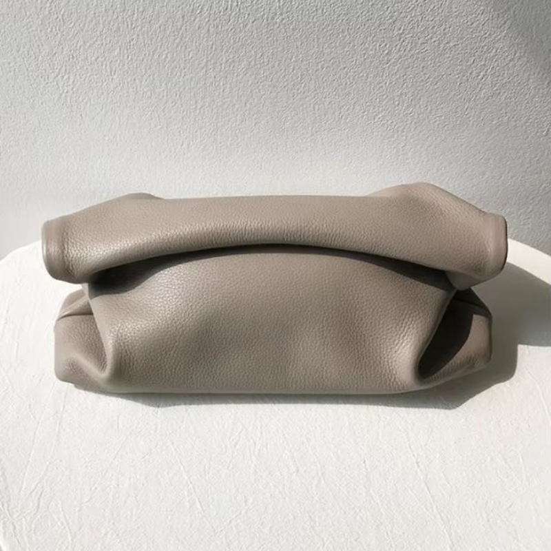 Soft nude leather bag 31.5 x 18 cm, elegant women’s foldover clutch made of real leather
